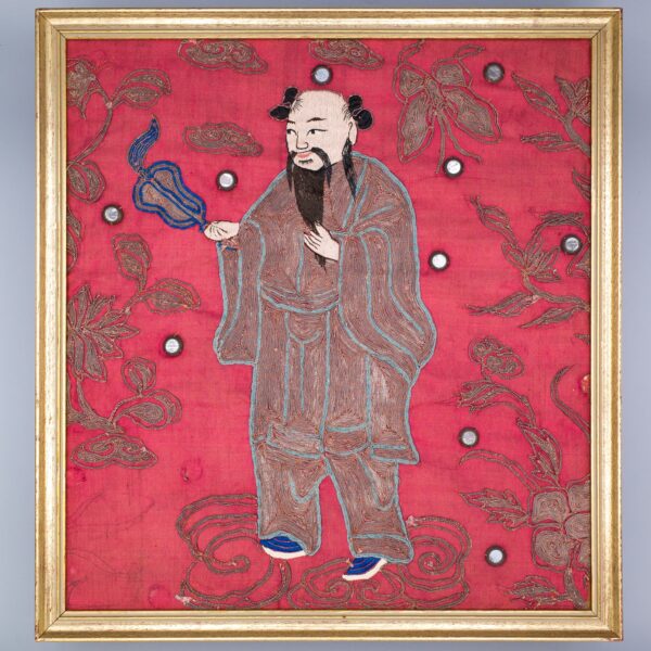 Pair of Antique Chinese Silk Embroidery Panels Depicting Immortals Zhang Guolao & Zhongli Quan. Qing Dynasty