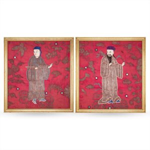 Pair of Antique Chinese Silk Embroidery Panels Depicting Immortals Han Xiangzi & Lü Dongbin. Qing Dynasty