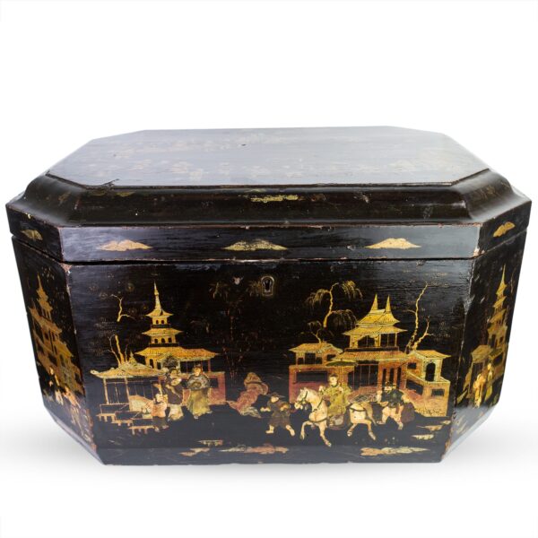 Antique Chinese Export Lacquer Storage Box. Chinese Black Lacquerware Sewing Box with Hand-painted Scenes. 19th century