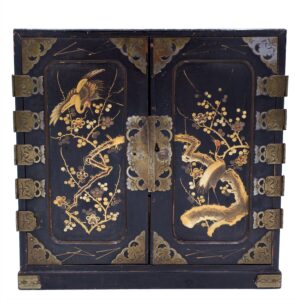 Antique Japanese Lacquer Jewellery Cabinet With Gilt Decoration. Late Meiji Period