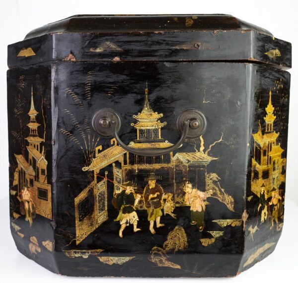 Antique Chinese Export Lacquer Storage Box. Chinese Black Lacquerware Sewing Box with Hand-painted Scenes. 19th century