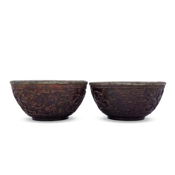 Antique Chinese Carved Coconut Cups with Pewter Liners. 19th century, Qing Dynasty