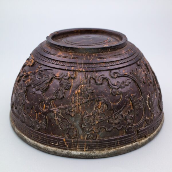 Antique Chinese Carved Coconut Cups with Pewter Liners. 19th century, Qing Dynasty
