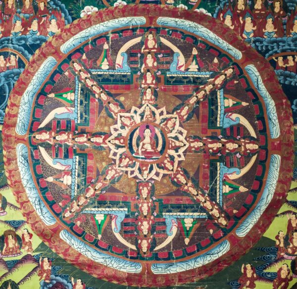 Antique Tibetan Buddha Mandala Thangka on linen with silk brocade mount. Nepal, early 20th century