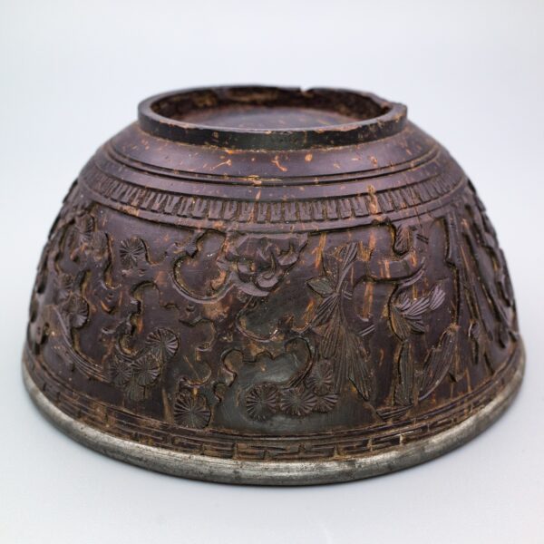 Antique Chinese Carved Coconut Cups with Pewter Liners. 19th century, Qing Dynasty