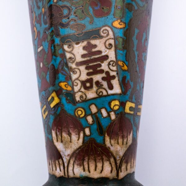 Antique Chinese Hexagonal Cloisonné Vase in the 'Hundred Treasures' Pattern. Height 26 cm