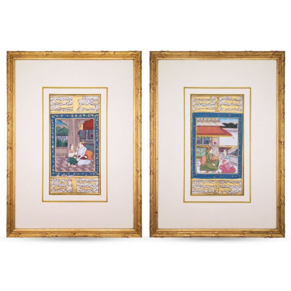 Antique Indian Miniature Paintings in Mughal Style. Pair of Illuminated Urdu Manuscripts. Late 19th Century