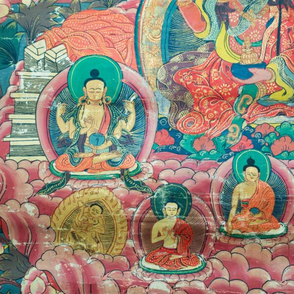 Antique Tibetan Thangka of Padmasambhava or Guru Rinpoche Refuge Tree. Himalayas, early 20th century