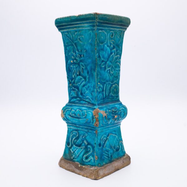 Chinese Ming Dynasty Turquoise Glazed Gu Vase With Relief Moulded Decoration. 17th century