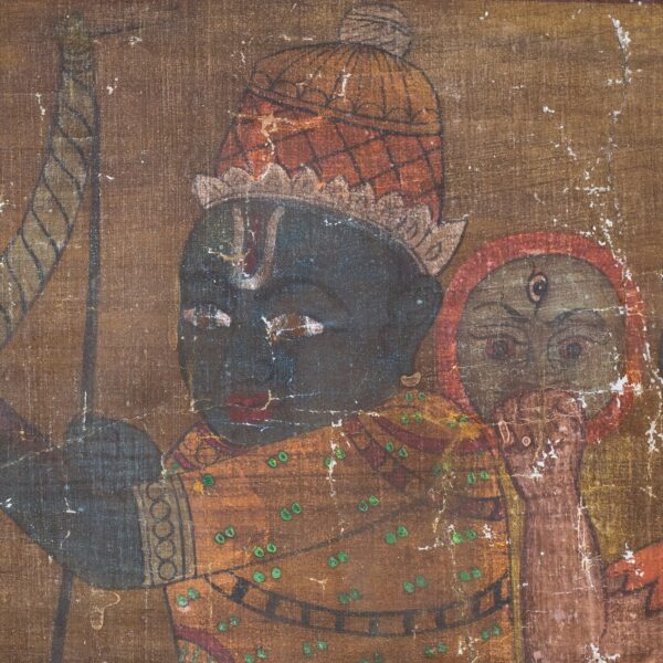 Antique Tantric Folk Painting of Hindu God of Love Kamadeva. Hindu Tantra Art With Silk Brocade Mount. 52x46 cm