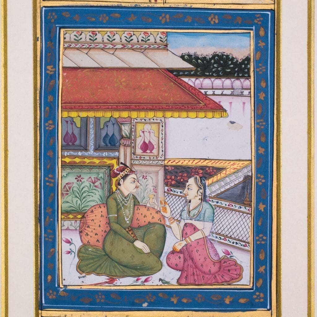 Antique Indian Miniature Paintings in Mughal Style. Pair of Illuminated