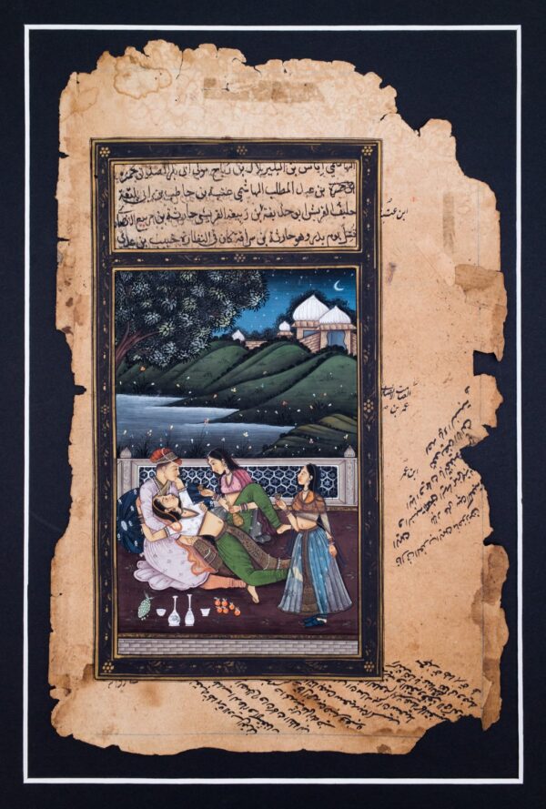 Antique Indian Miniature Painting in Mughal Style with Arabic Script. Harem Scene