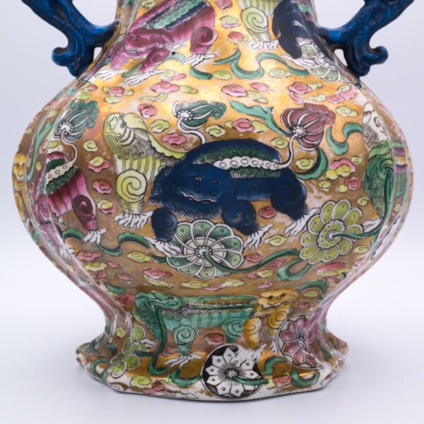 Antique Mason's Ironstone Bandana Pattern Pot Pourri Vase with Blue Handles. Mid-19th century