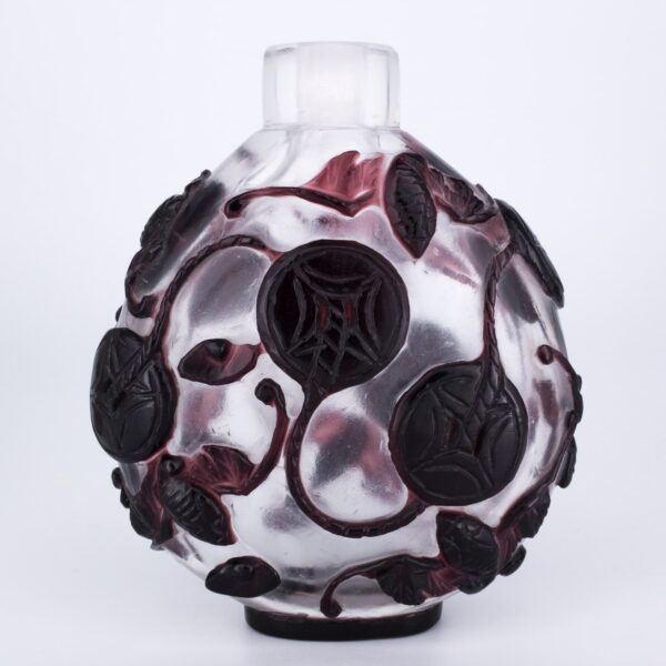 Large Chinese Purple Overlay Peking Glass Snuff Bottle With Auspicious Bats and Coins.