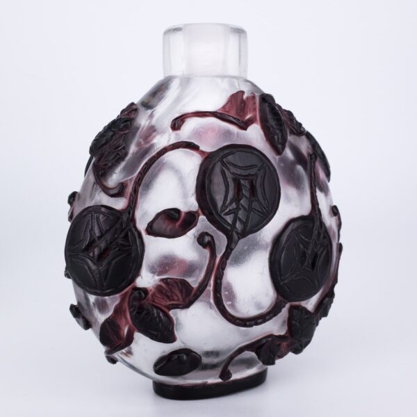 Large Chinese Purple Overlay Peking Glass Snuff Bottle With Auspicious Bats and Coins.