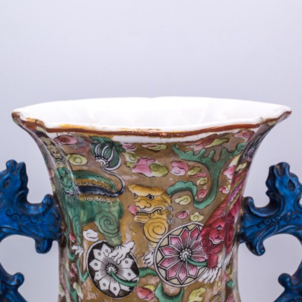 Antique Mason's Ironstone Bandana Pattern Pot Pourri Vase with Blue Handles. Mid-19th century