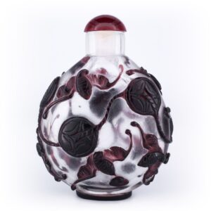 Large Chinese Purple Overlay Peking Glass Snuff Bottle With Auspicious Bats and Coins.
