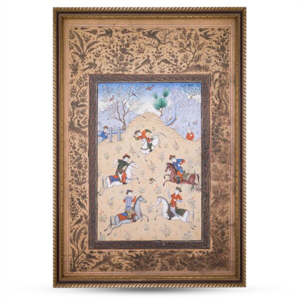 Antique Persian Miniature Painting of Chovgan Polo Game. Folio from 'Guy O Chaugan' by Arifi. 19th century