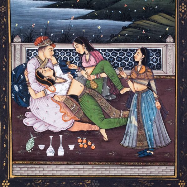 Antique Indian Miniature Painting in Mughal Style with Arabic Script. Harem Scene