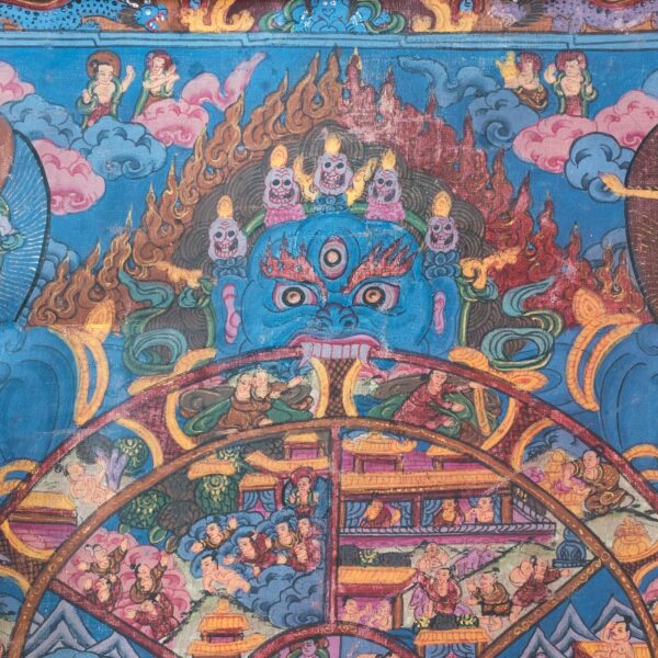 Tibetan Bhavacakra Thangka With Silk Brocade Mount. Buddhist Wheel of Life. 66x54 cm
