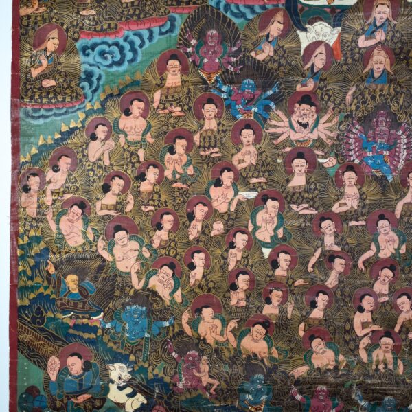 Large Tibetan Thangka of Buddha Shakyamuni Refuge Field or Buddhist Field of Accumulation. Himalayas, 20th century