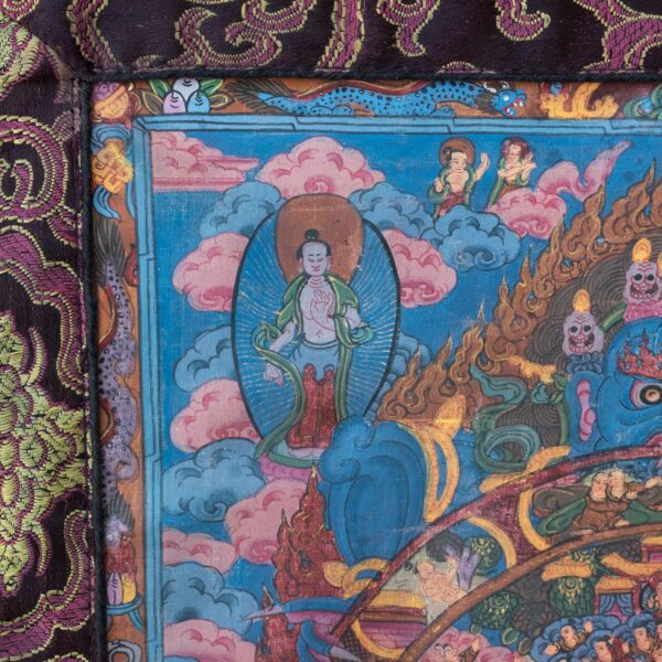 Tibetan Bhavacakra Thangka With Silk Brocade Mount. Buddhist Wheel of Life. 66x54 cm