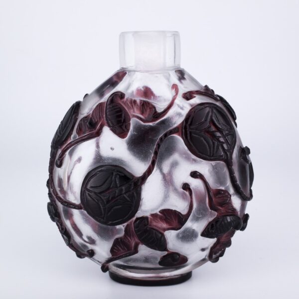 Large Chinese Purple Overlay Peking Glass Snuff Bottle With Auspicious Bats and Coins.