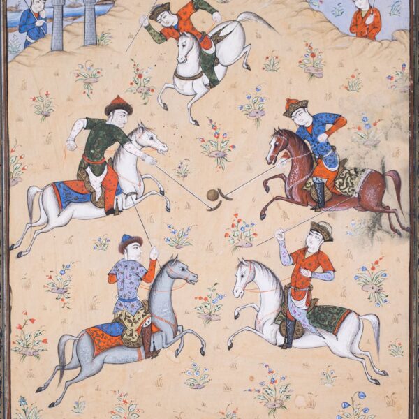 Antique Persian Miniature Painting of Chovgan Polo Game. Folio from 'Guy O Chaugan' by Arifi. 19th century