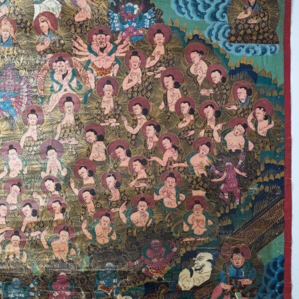 Large Tibetan Thangka of Buddha Shakyamuni Refuge Field or Buddhist Field of Accumulation. Himalayas, 20th century