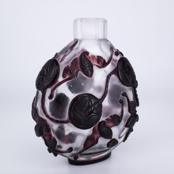 Large Chinese Purple Overlay Peking Glass Snuff Bottle With Auspicious Bats and Coins.