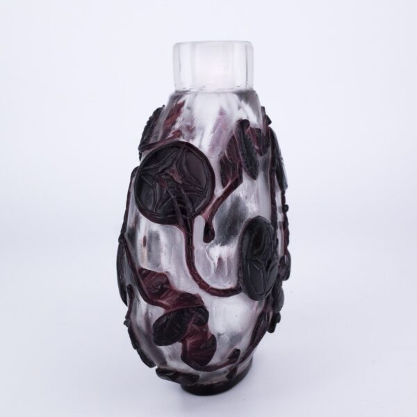 Large Chinese Purple Overlay Peking Glass Snuff Bottle With Auspicious Bats and Coins.