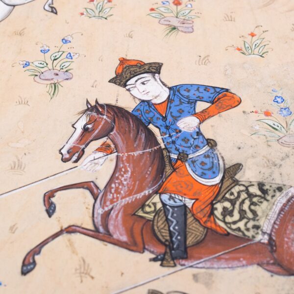 Antique Persian Miniature Painting of Chovgan Polo Game. Folio from 'Guy O Chaugan' by Arifi. 19th century