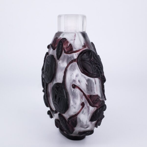 Large Chinese Purple Overlay Peking Glass Snuff Bottle With Auspicious Bats and Coins.