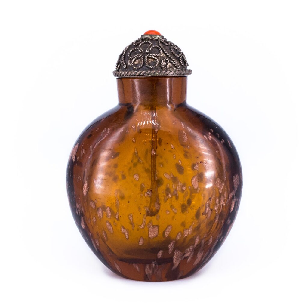 Antique Chinese Gold-splashed Amber Glass Snuff Bottle With Silver ...