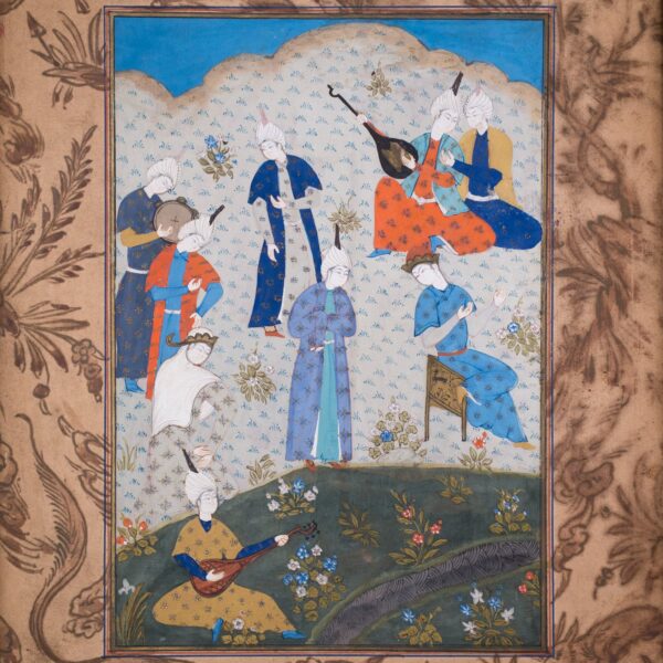 Antique Persian Miniature Painting of Musicians in the Garden. 19th century or earlier