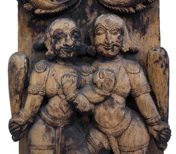 Large Antique Hindu Ratha Chariot Wood Panel With Kirtimukha and Two Male Figures. South India, 18th Century