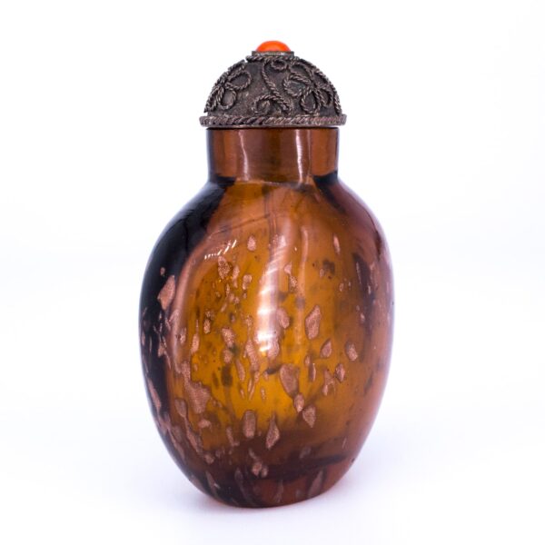 Antique Chinese Gold-splashed Amber Glass Snuff Bottle With Silver Filigree Stopper. Qing Dynasty, 19th century