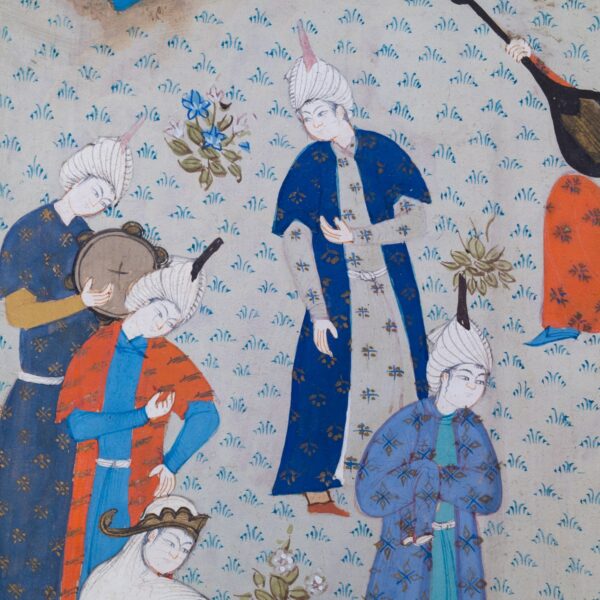 Antique Persian Miniature Painting of Musicians in the Garden. 19th century or earlier
