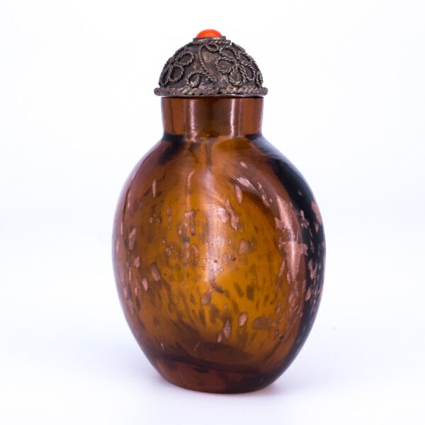 Antique Chinese Gold-splashed Amber Glass Snuff Bottle With Silver Filigree Stopper. Qing Dynasty, 19th century