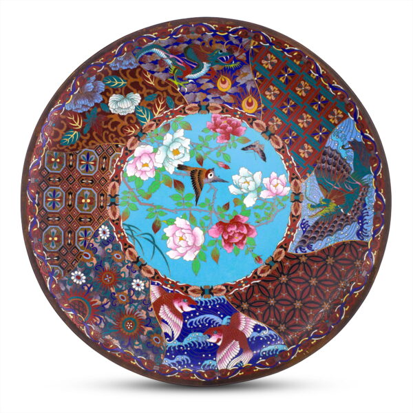 Large 19th Century Japanese Bronze Cloisonné Charger. Diameter 37cm. Meiji Period