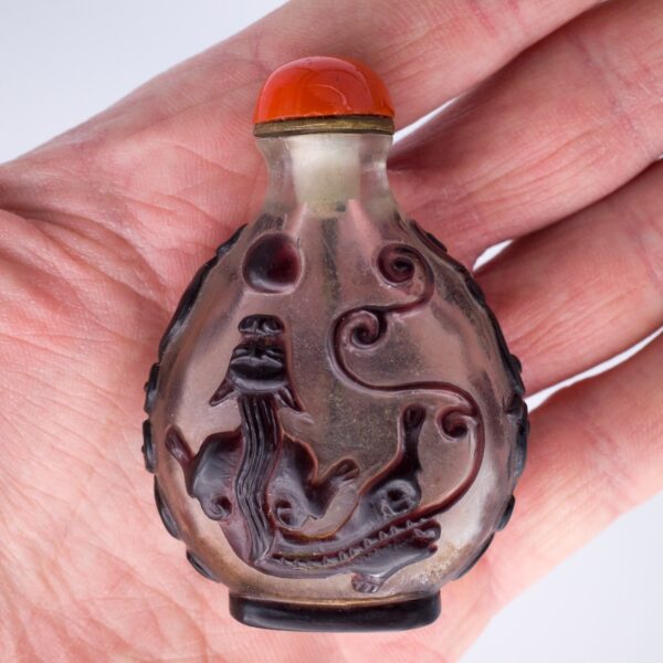Antique Chinese Purple Overlay Peking Glass Snuff Bottle With Chilong Dragons and Red Glass Stopper