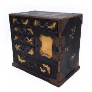 Antique Japanese Gilt Lacquered Jewellery Cabinet With Insect Decoration. Late Meiji Period