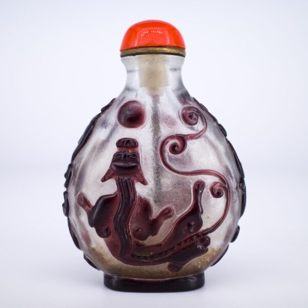 Antique Chinese Purple Overlay Peking Glass Snuff Bottle With Chilong Dragons and Red Glass Stopper
