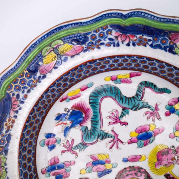 Antique Chinese Qianlong Period Clobbered Export Porcelain Dish With Dragons and Butterflies. 18th century
