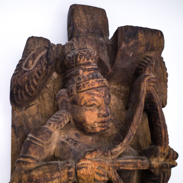 Large Antique Hindu Ratha Chariot Wood Panel Depicting Lord Rama With Bow and Arrow. South India, 19th Century