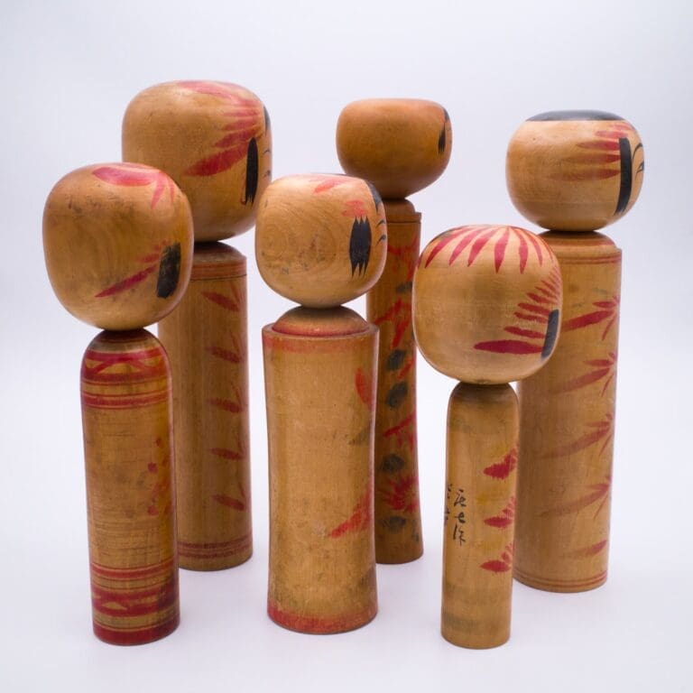 Set of Six Traditional HandPainted Japanese Kokeshi Dolls. Signed