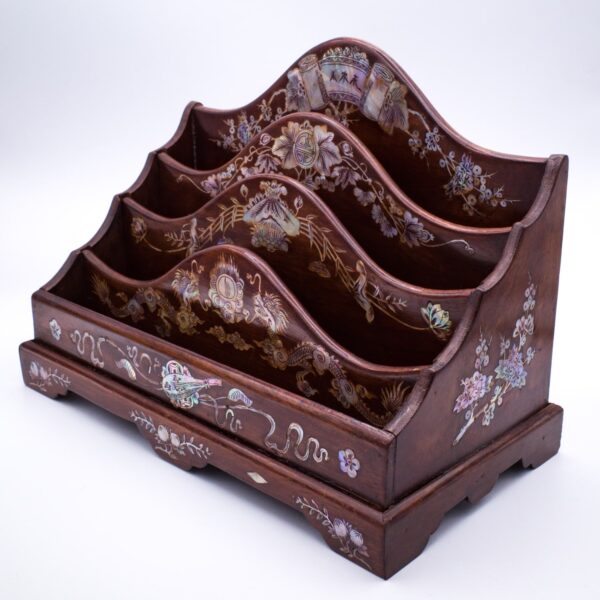 Fine Vietnamese Mother of Pearl Inlaid Hardwood Letter Rack with Dragons and Floral Decoration. Early 20th century