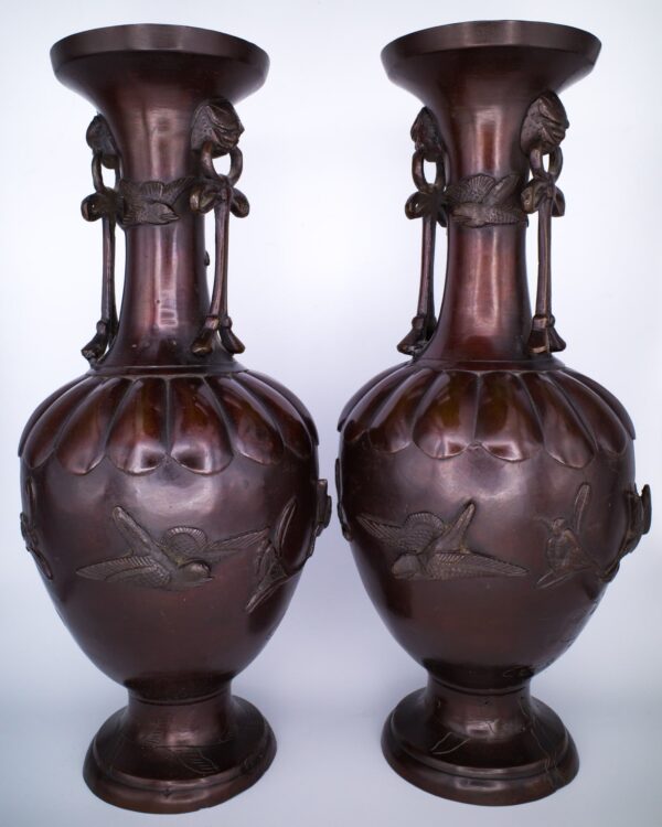 Large Pair of Japanese Bronze Vases With Engraved Military Inscription Dated 1903. Meiji Period
