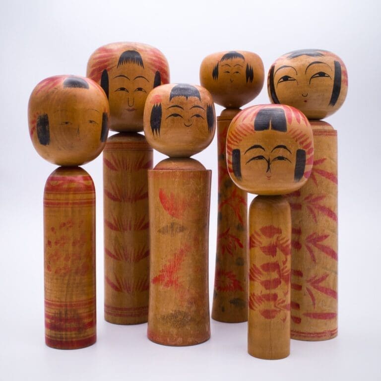 Set of Six Traditional HandPainted Japanese Kokeshi Dolls. Signed