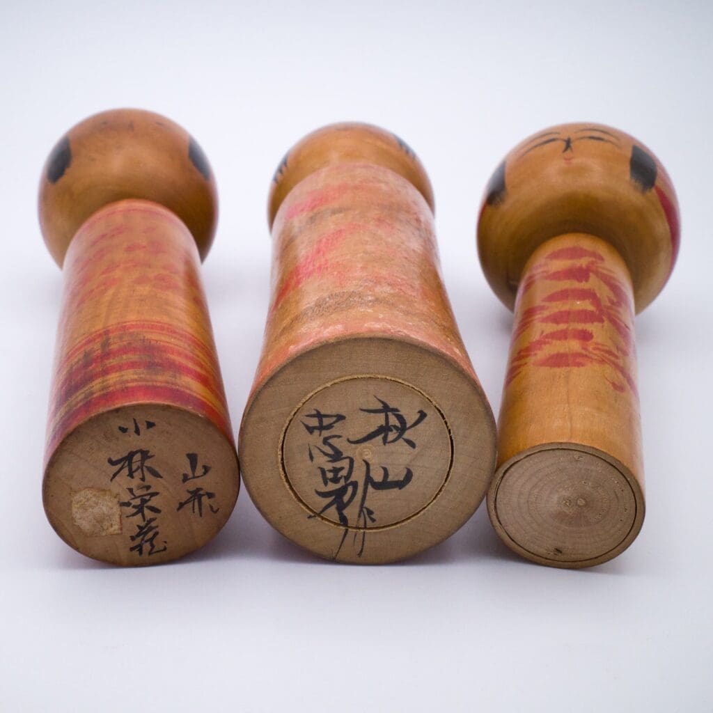 Set of Six Traditional HandPainted Japanese Kokeshi Dolls. Signed